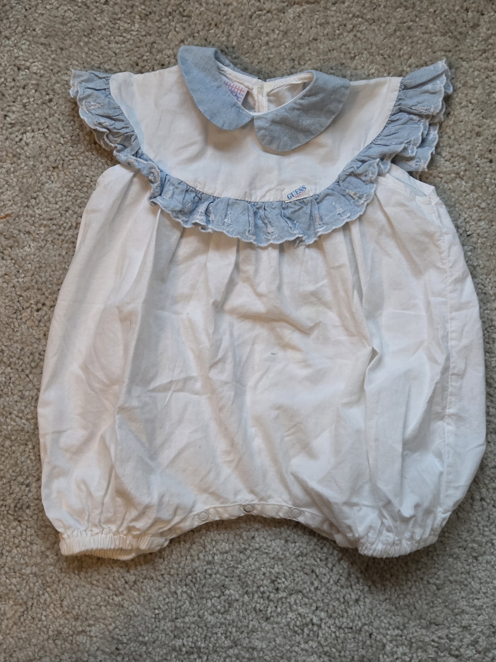 90s Vintage Guess by Marciano White Bubble Romper with Light Blue Ruffle Collar
